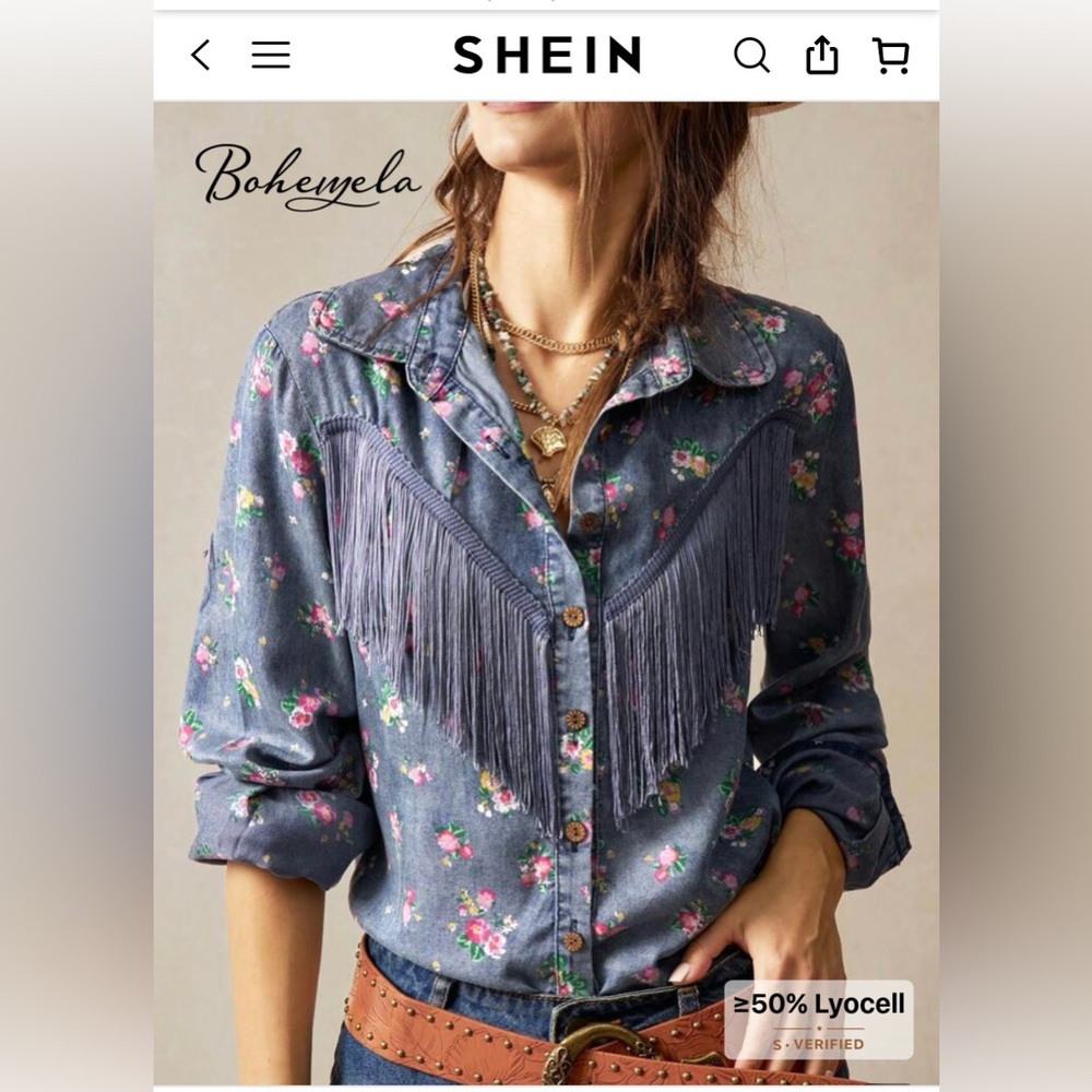 Women's Blue Floral Fringe Western Shirt